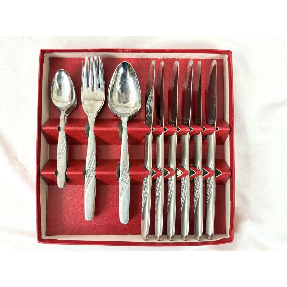 Valiant VA14 Floral Set 6 Place Settings Stainless Flatware Silverware in Box